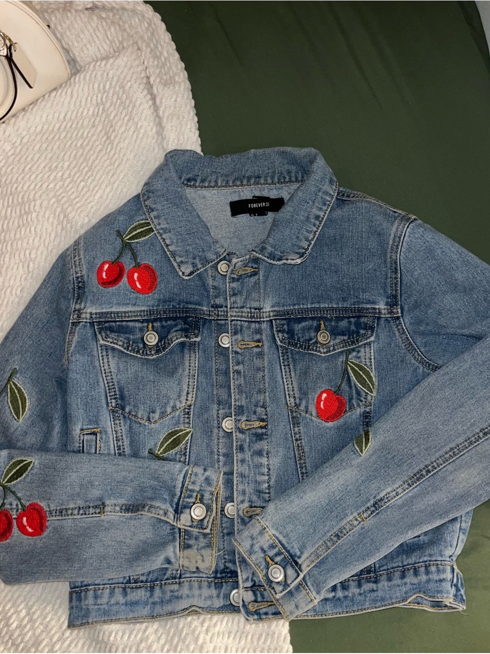 Forever 21 Light Blue Denim Jacket with Red Cherry Embroidery